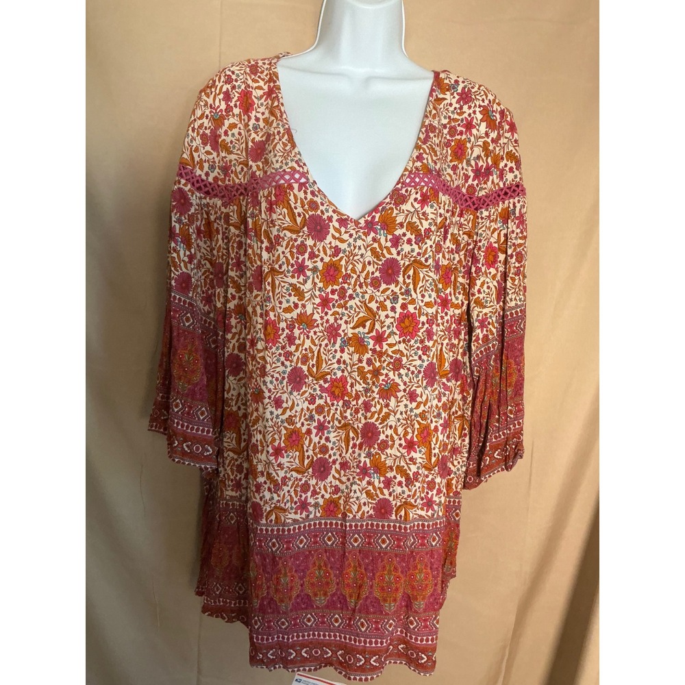 Rusttydustty Tunic Top Womens 4XL Pink Floral Boho Excellent Bell Sleeve V-Neck
